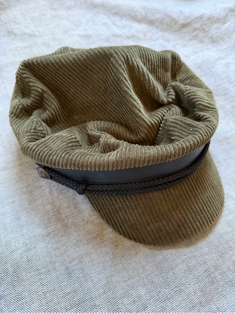 Men's Olive Corduroy Baker Boy Cap with Braided Trim - Unbranded